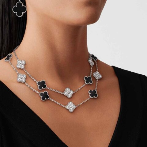 Van Cleef & Arpels VCARP2R800 Vintage Alhambra long necklace 20 motifs White gold Diamond Onyx necklace 12