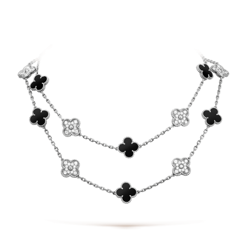 Van Cleef & Arpels VCARP2R800 Vintage Alhambra long necklace 20 motifs White gold Diamond Onyx necklace 1