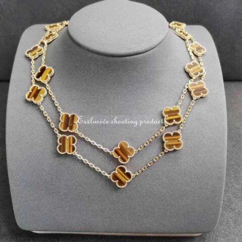 Van Cleef & Arpels VCARD39900 necklace Vintage Alhambra long 20 motifs Yellow gold Tiger Eye necklace 11
