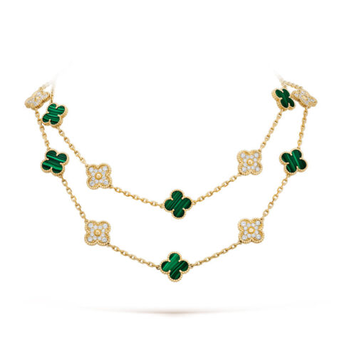 Van Cleef & Arpels VCARO7GP00 Vintage Alhambra long necklace 20 motifs Yellow gold Diamond Malachite necklace 1