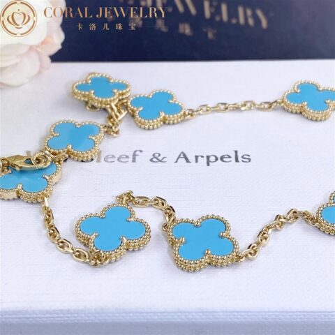 Van Cleef & Arpels VCARF48500 Vintage Alhambra necklace 10 motifs Yellow gold Turquoise Necklace 17