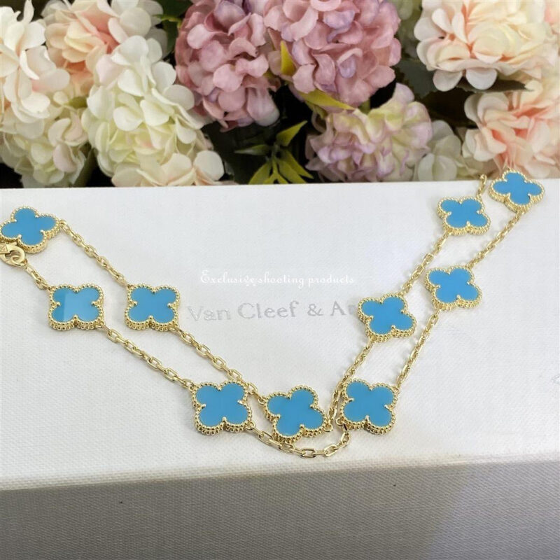 Van Cleef & Arpels VCARF48500 Vintage Alhambra necklace 10 motifs Yellow gold Turquoise Necklace 16