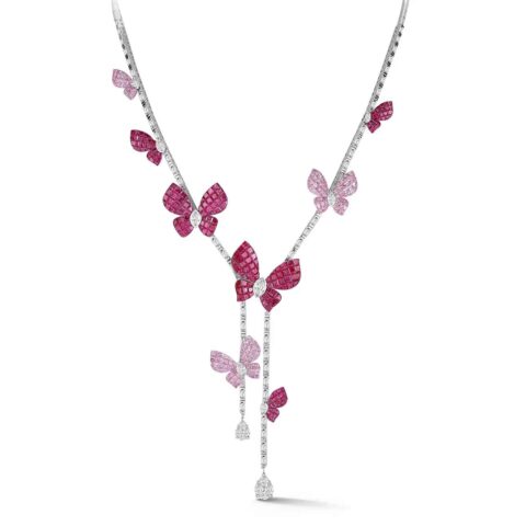 Van Cleef & Arpels Necklace White Gold Butterfly-Embellished Necklace Diamond Ruby and Sapphire Necklace 1