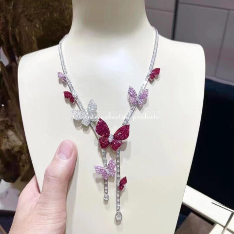 Van Cleef & Arpels Necklace White Gold Butterfly-Embellished Necklace Diamond Ruby and Sapphire Necklace 7