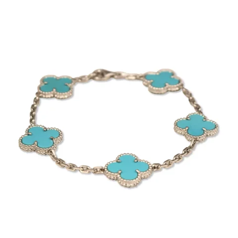 Van Cleef & Arpels Vintage Alhambra Bracelet 5 Motif 18k White Gold Turquoise Bracelet 5