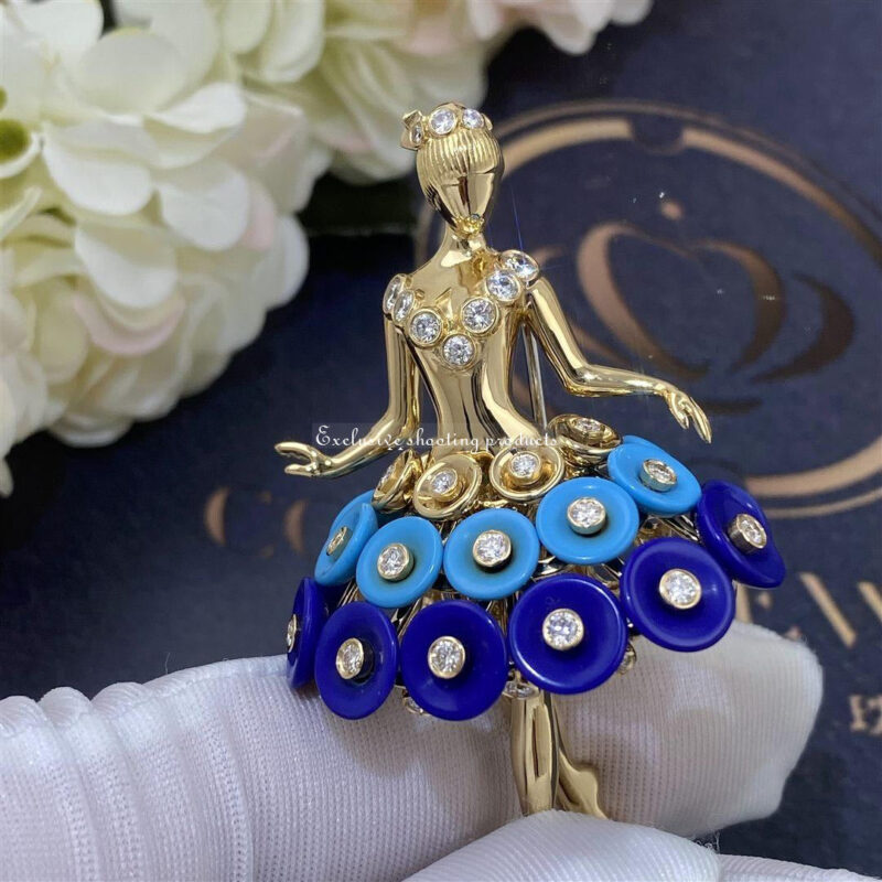 Van Cleef & Arpels VCARP7R300 Bouton d’or ballerina clip Yellow gold Diamond Lapis Lazuli Turquoise clip 5