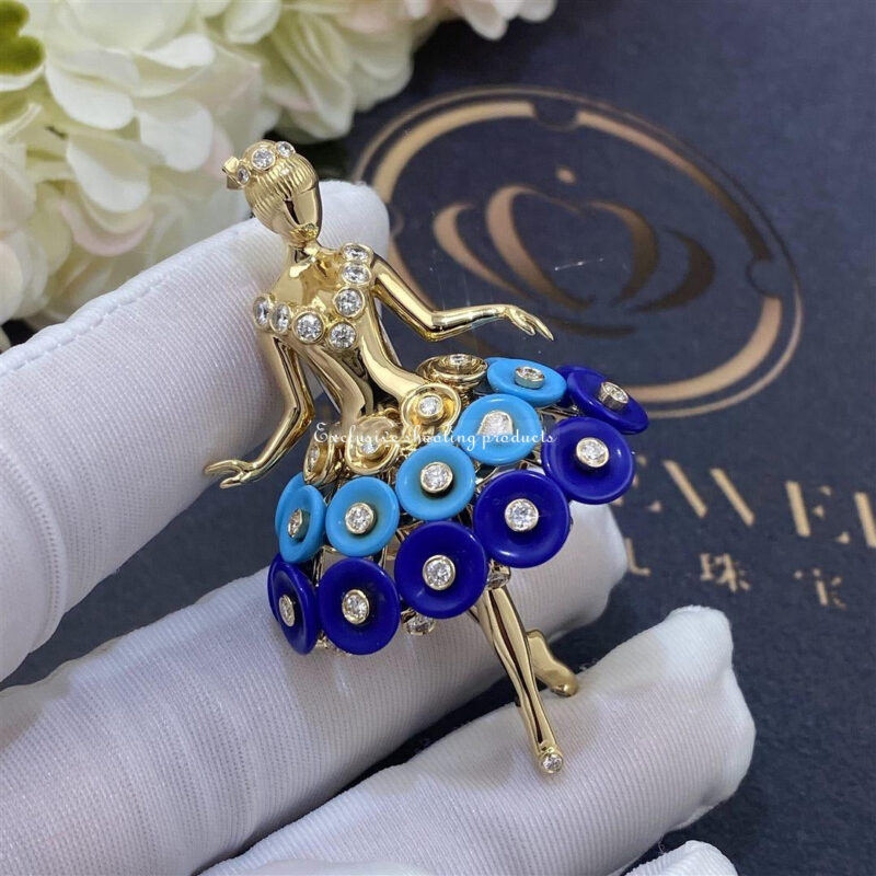 Van Cleef & Arpels VCARP7R300 Bouton d’or ballerina clip Yellow gold Diamond Lapis Lazuli Turquoise clip 4