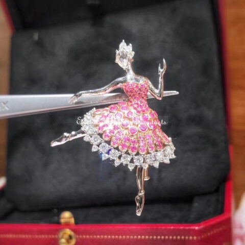 Van Cleef & Arpels Cardinal rose ballerina brooch White gold pink gold pink sapphires diamonds brooch 8