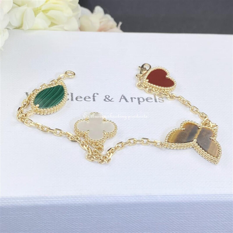 Van Cleef & Arpels VCARD79600 Lucky Alhambra bracelet 4 motifs Yellow gold Carnelian Malachite Mother-of-pearl Tiger Eye 2