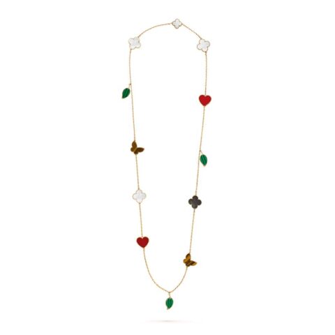Van Cleef & Arpels VCARD80100 Lucky Alhambra long necklace 12 motifs Yellow gold Carnelian Malachite Mother-of-pearl Tiger Eye 1