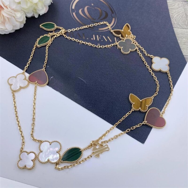 Van Cleef & Arpels VCARD80100 Lucky Alhambra long necklace 12 motifs Yellow gold Carnelian Malachite Mother-of-pearl Tiger Eye 9