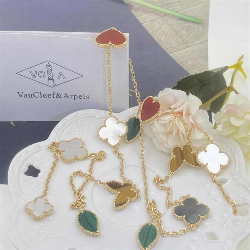 Van Cleef & Arpels VCARD80100 Lucky Alhambra long necklace 12 motifs Yellow gold Carnelian Malachite Mother-of-pearl Tiger Eye 5