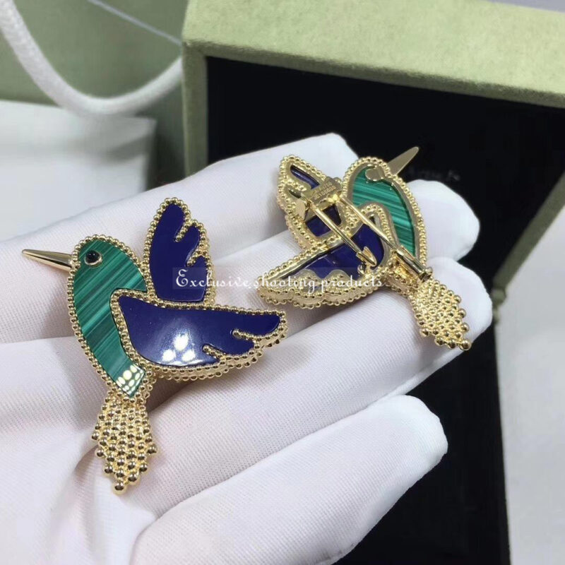 Van Cleef & Arpels VCARP2B000 Lucky Animals Hummingbird Clip Yellow Gold Lapis Lazuli Malachite Onyx Clip 2