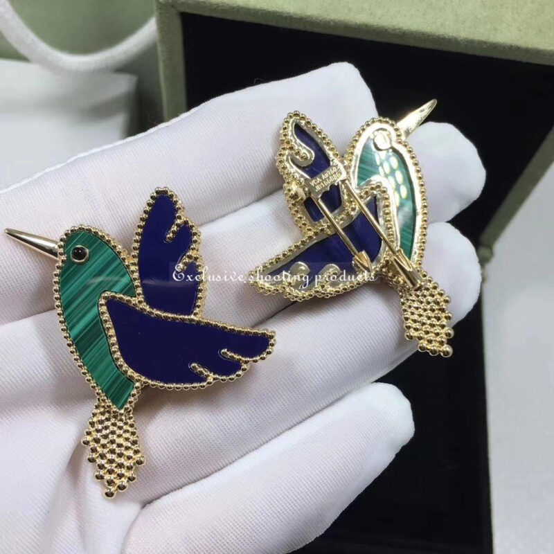 Van Cleef & Arpels VCARP2B000 Lucky Animals Hummingbird Clip Yellow Gold Lapis Lazuli Malachite Onyx Clip 3