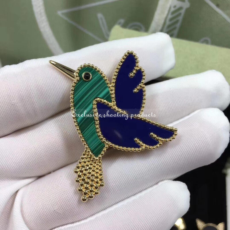 Van Cleef & Arpels VCARP2B000 Lucky Animals Hummingbird Clip Yellow Gold Lapis Lazuli Malachite Onyx Clip 4