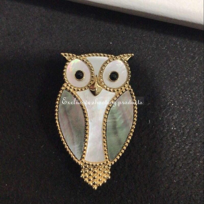 Van VCARP2AV00 Cleef & Arpels Lucky Animals Owl clip Yellow gold Mother-of-pearl Onyx clip 5