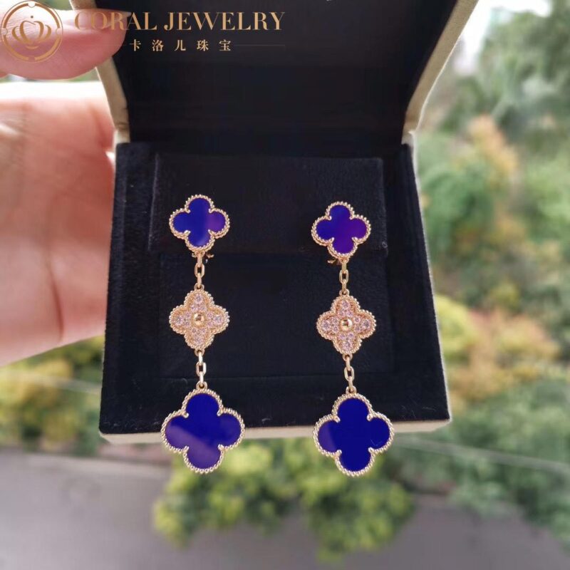 Van Cleef & Arpels Magic VCARO9II00 Alhambra earrings 3 motifs Yellow gold Diamond Lapis lazuli 4
