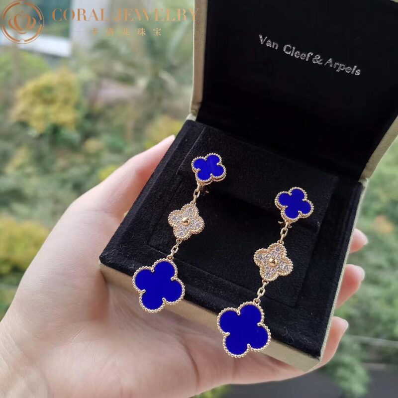 Van Cleef & Arpels Magic VCARO9II00 Alhambra earrings 3 motifs Yellow gold Diamond Lapis lazuli 10