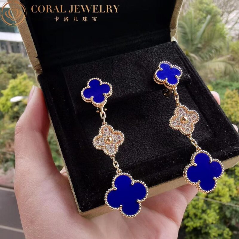 Van Cleef & Arpels Magic VCARO9II00 Alhambra earrings 3 motifs Yellow gold Diamond Lapis lazuli 5