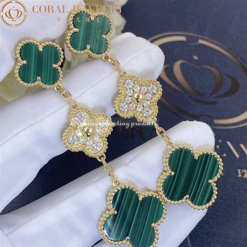 Van Cleef & Arpels VCARO9II00 Magic Alhambra earrings 3 motifs Yellow gold Diamond Malachite 5