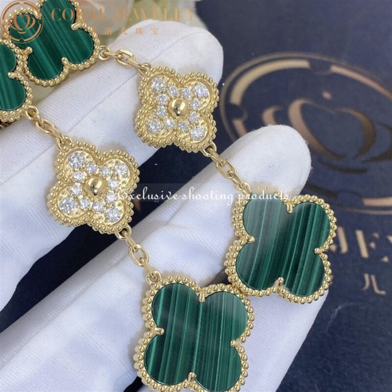 Van Cleef & Arpels VCARO9II00 Magic Alhambra earrings 3 motifs Yellow gold Diamond Malachite 4