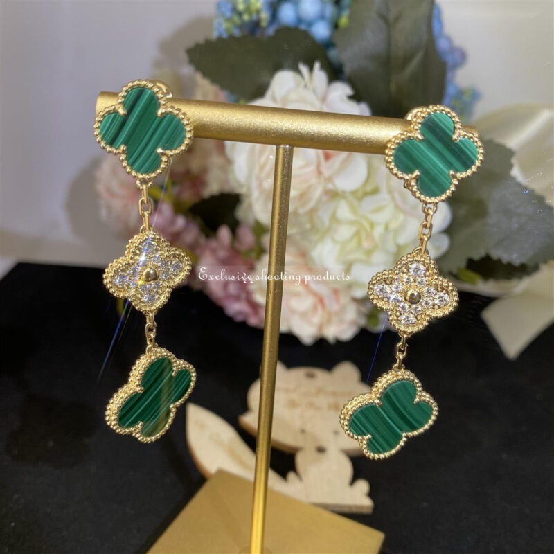 Van Cleef & Arpels VCARO9II00 Magic Alhambra earrings 3 motifs Yellow gold Diamond Malachite 2