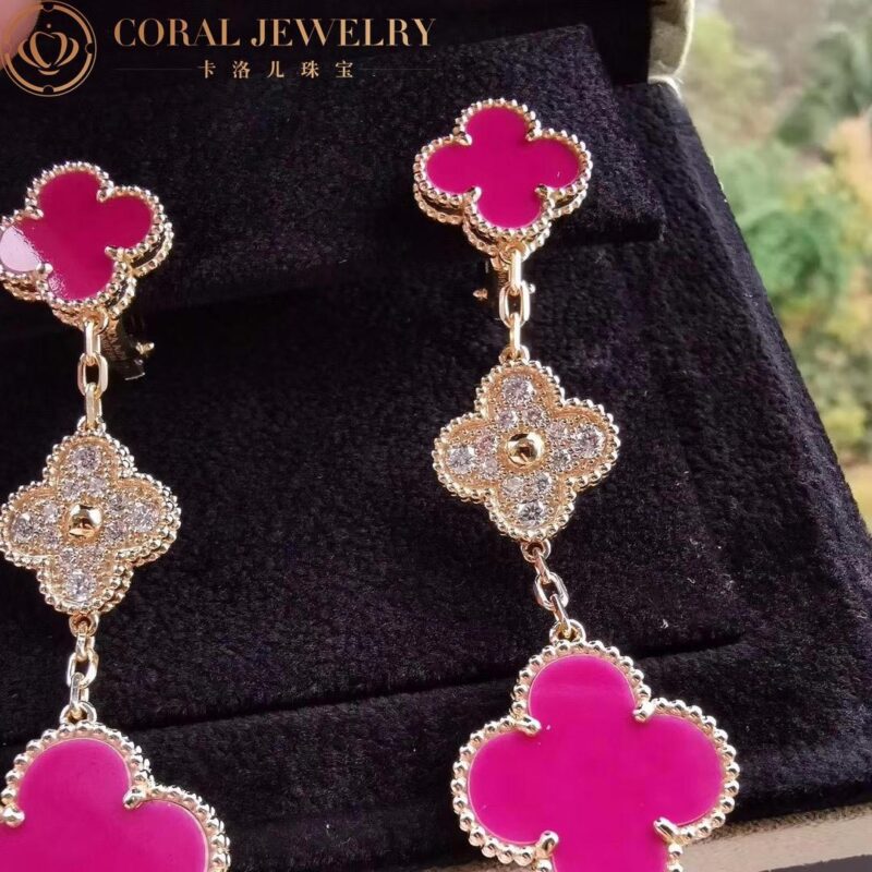 Van Cleef & Arpels Magic Alhambra VCARO9II00-Pink earrings 3 motifs Yellow gold Diamond Pink ceramics 6
