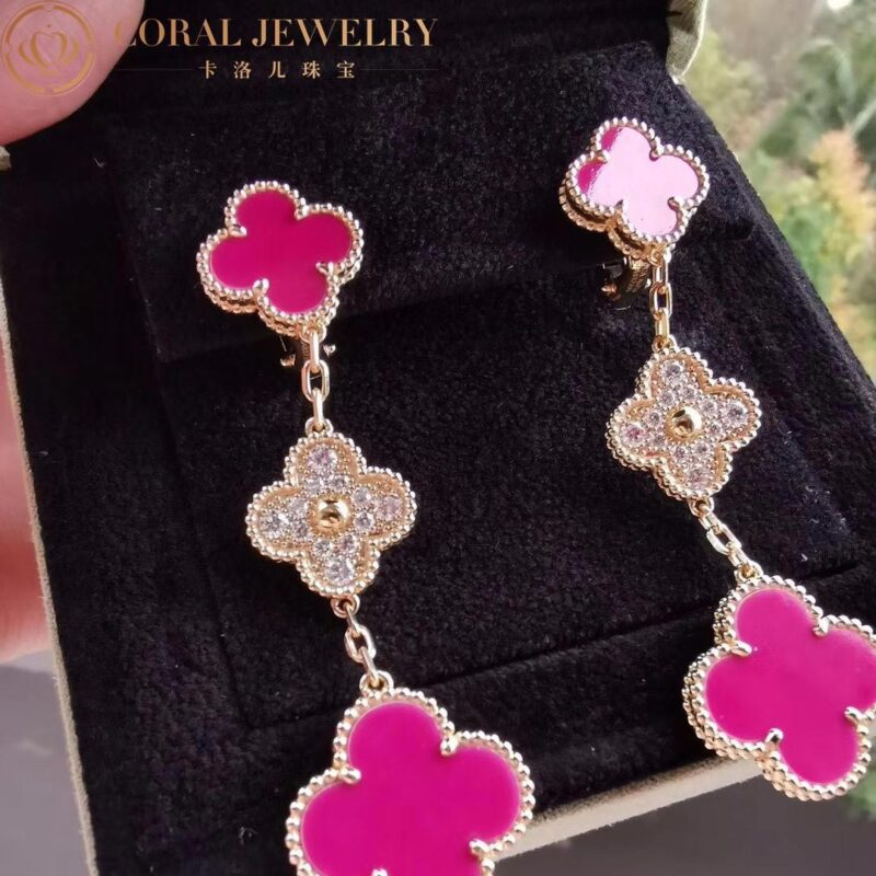 Van Cleef & Arpels Magic Alhambra VCARO9II00-Pink earrings 3 motifs Yellow gold Diamond Pink ceramics 4