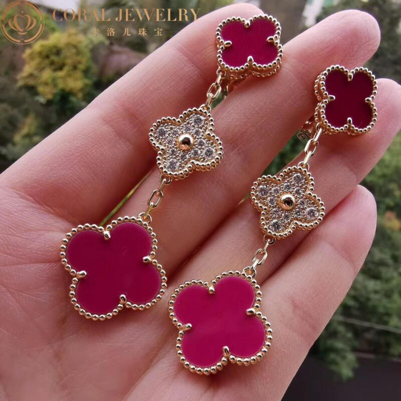 Van Cleef & Arpels Magic Alhambra VCARO9II00-Pink earrings 3 motifs Yellow gold Diamond Pink ceramics 3