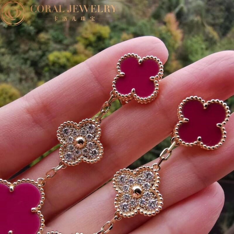Van Cleef & Arpels Magic Alhambra VCARO9II00-Pink earrings 3 motifs Yellow gold Diamond Pink ceramics 2