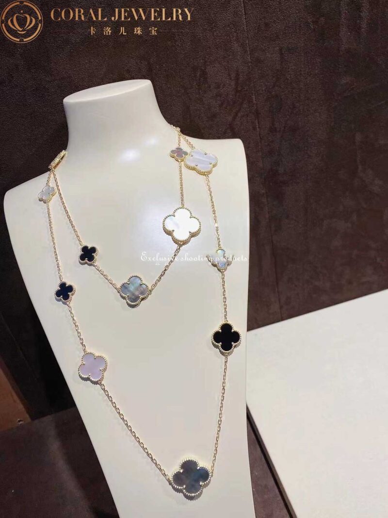 Van Cleef & Arpels VCARD79400 Magic Alhambra Long Necklace 16 Motifs Yellow Gold Mother-of-pearl Onyx Necklace 2