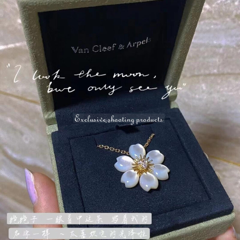 Van Cleef & Arpels VCARP7T000 Rose de Noël pendant mini model Yellow gold Diamond Mother-of-pearl Necklace 3