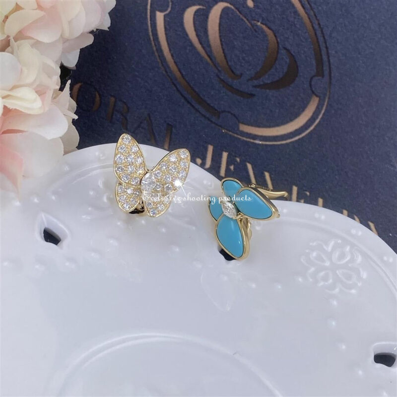 Van Cleef & Arpels VCARP7US00 Two Butterfly earrings Yellow gold Diamond Turquoise 4