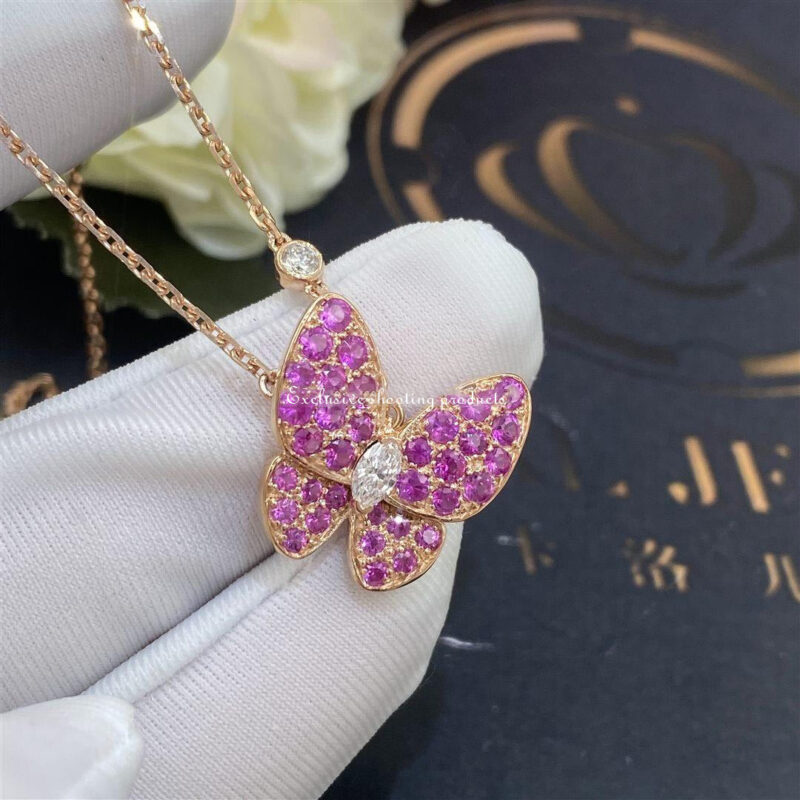 Van Cleef & Arpels VCARO3M200 Two Butterfly pendant Rose gold Diamond Sapphire Necklaces 3