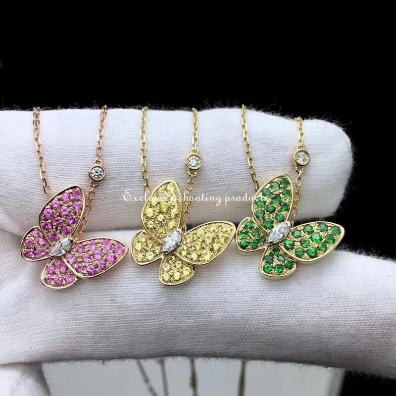 Van Cleef & Arpels VCARO6W700 Two Butterfly pendant Yellow gold Diamond tsavorites Necklace 4