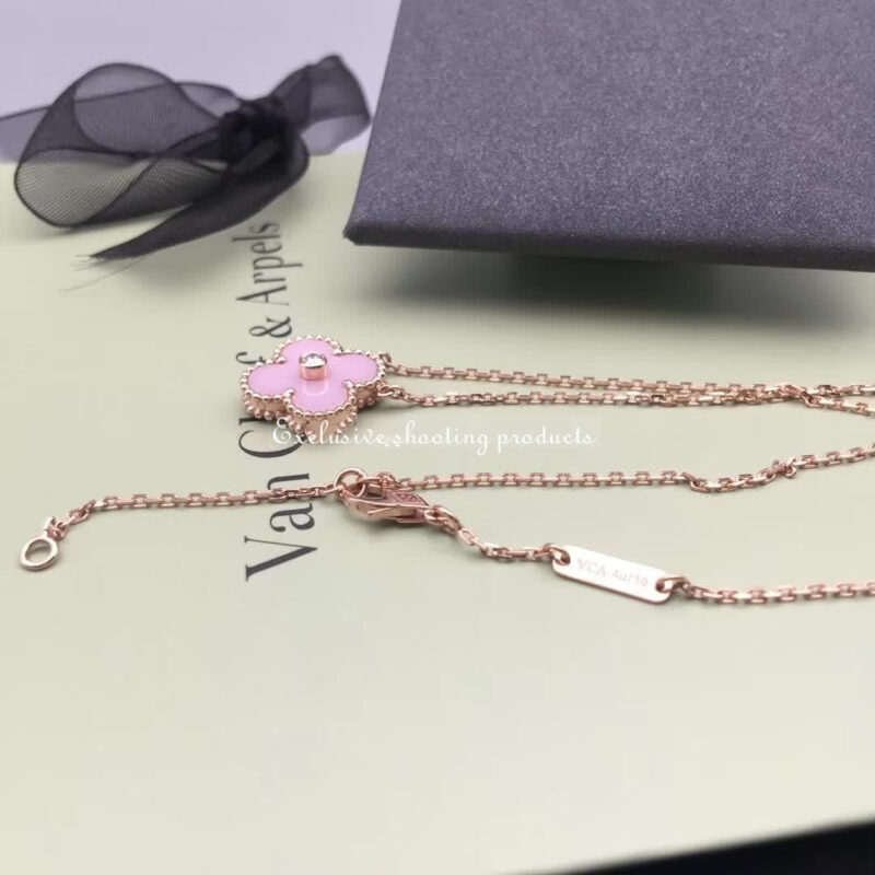Van Cleef & Arpels Vintage Alhambra 2015 Holiday Necklace Rose Gold Pink Ceramic Necklace 3