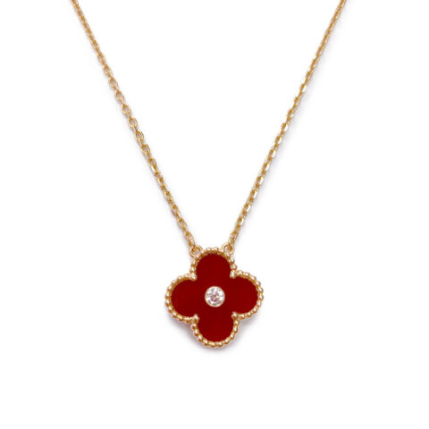 Van Cleef & Arpels Vintage Alhambra 2011 Holiday Diamond Pendant Necklace in Carnelian 18k Pink Gold Necklace 1