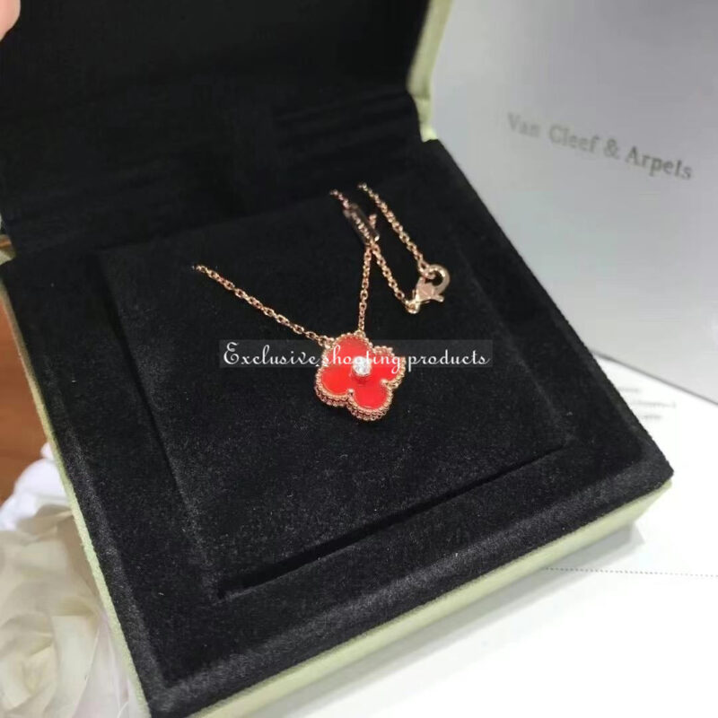 Van Cleef & Arpels Vintage Alhambra 2011 Holiday Diamond Pendant Necklace in Carnelian 18k Pink Gold Necklace 5