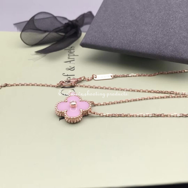 Van Cleef & Arpels Vintage Alhambra 2015 Holiday Necklace Rose Gold Pink Ceramic Necklace 2