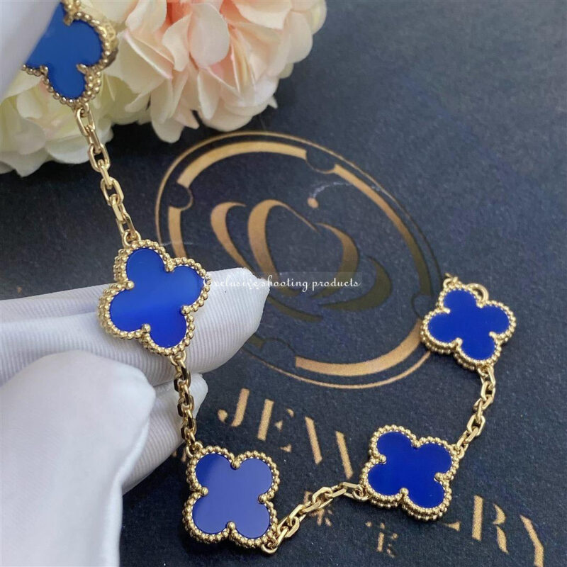 Van Cleef & Arpels Vintage Alhambra Bracelet 5 Motif 18k Yellow Gold Dark Blue Agate Bracelet 3