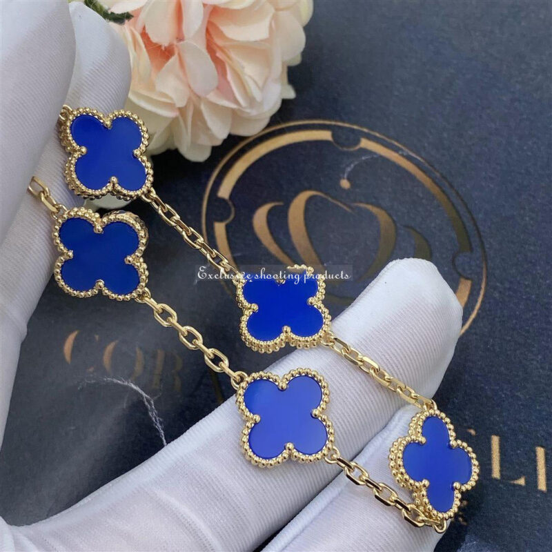 Van Cleef & Arpels Vintage Alhambra Bracelet 5 Motif 18k Yellow Gold Dark Blue Agate Bracelet 2