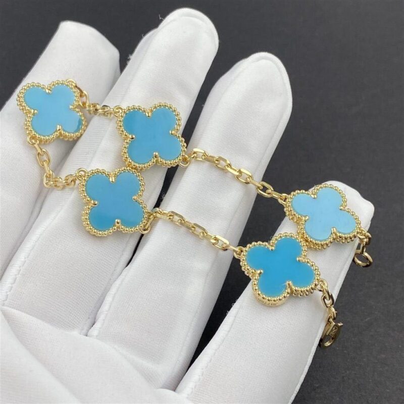 Van Cleef & Arpels Vintage Alhambra Bracelet 5 Motif 18k Yellow Gold Turquoise Bracelet 5