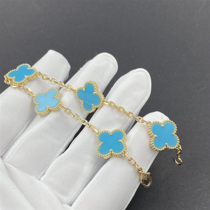 Van Cleef & Arpels Vintage Alhambra Bracelet 5 Motif 18k Yellow Gold Turquoise Bracelet 4