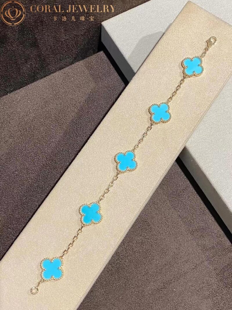 Van Cleef & Arpels Vintage Alhambra Bracelet 5 Motif 18k Yellow Gold Turquoise Bracelet 3