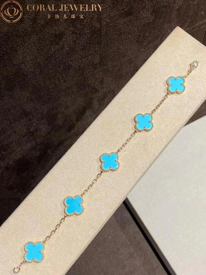 Van Cleef & Arpels Vintage Alhambra Bracelet 5 Motif 18k Yellow Gold Turquoise Bracelet 2