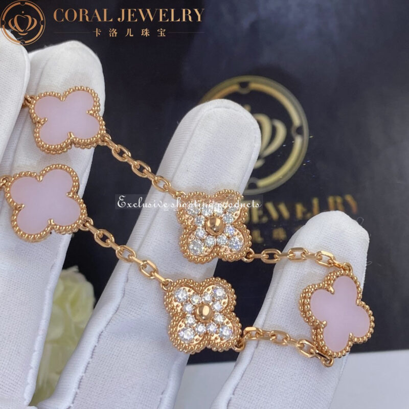 Van Cleef & Arpels Vintage Alhambra VCARP2R900 bracelet 5 motifs Rose gold Diamond Pink Opal bracelet 2