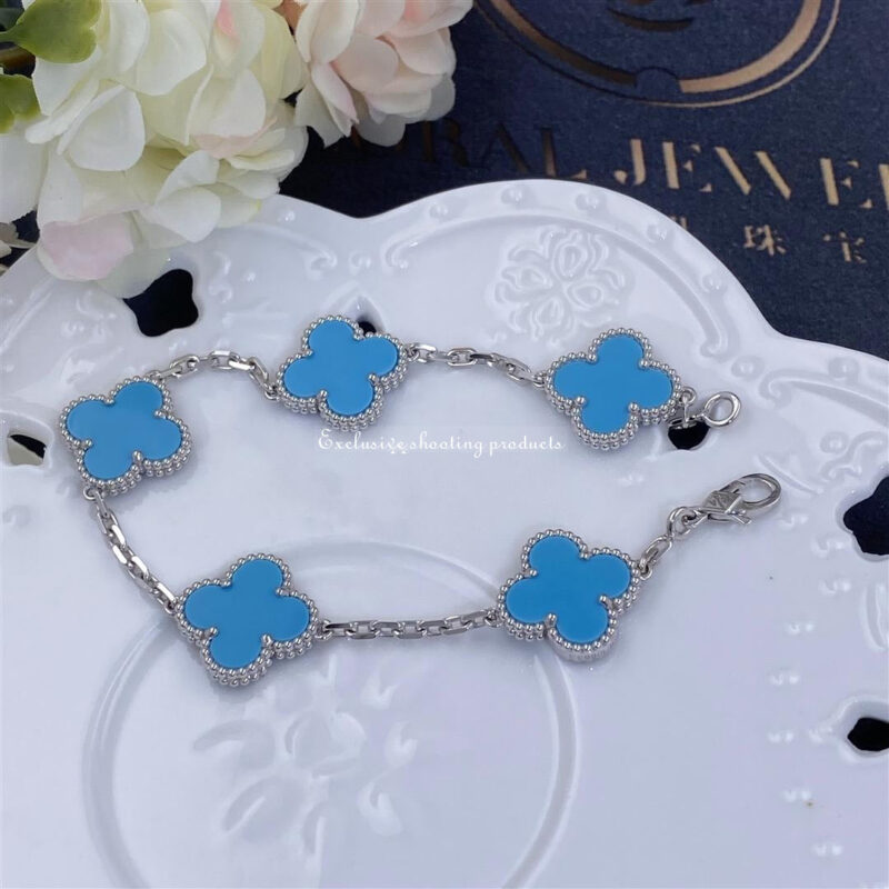 Van Cleef & Arpels VCARD34700 Vintage Alhambra bracelet 5 motifs White gold Turquoise bracelet 8