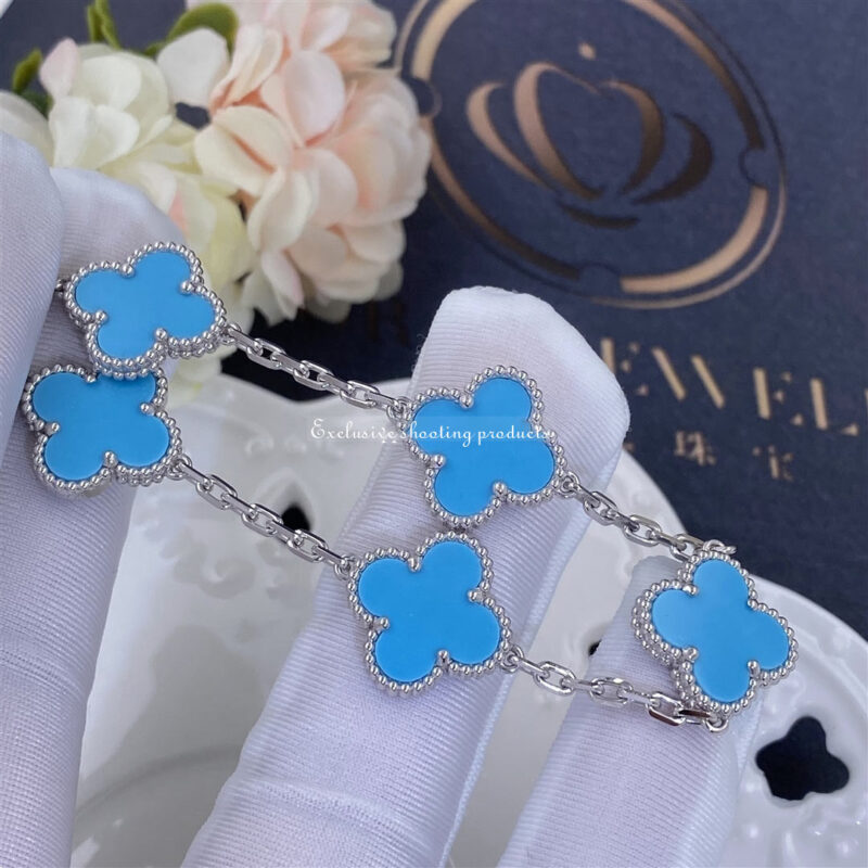 Van Cleef & Arpels VCARD34700 Vintage Alhambra bracelet 5 motifs White gold Turquoise bracelet 7