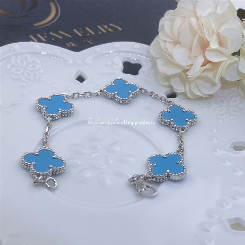 Van Cleef & Arpels VCARD34700 Vintage Alhambra bracelet 5 motifs White gold Turquoise bracelet 5