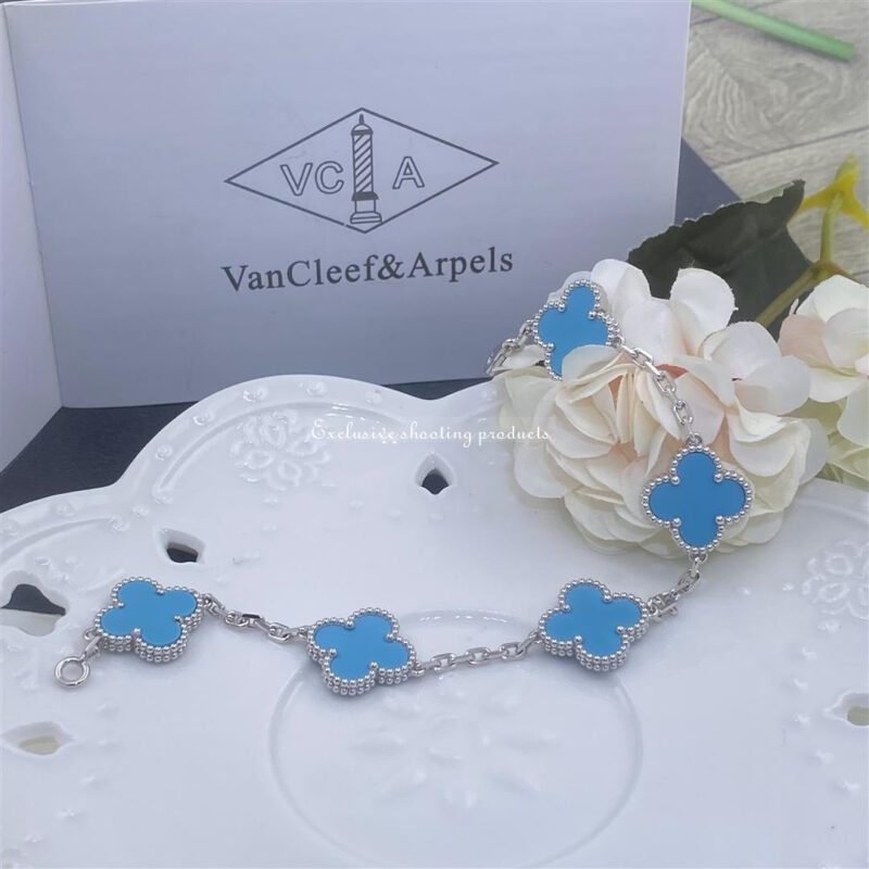 Van Cleef & Arpels VCARD34700 Vintage Alhambra bracelet 5 motifs White gold Turquoise bracelet 2